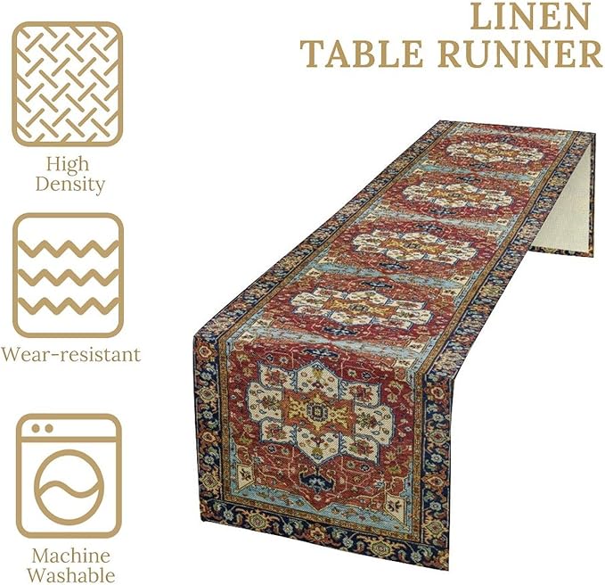 Vintage Boho Floral Table Runner, Rustic Country Farmhouse Red Blue Gold Retro Flower Pattern for Home Kitchen Table Decor Dining Coffee Room Party Decor 13x72in