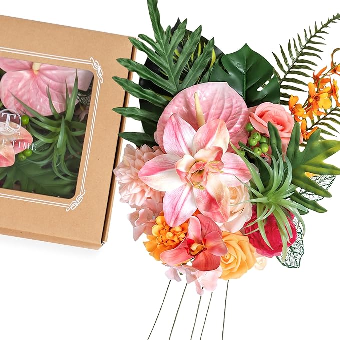 TINGE TIME Artificial Flowers Tropical Citrus & Pink Flower Combo for DIY Summer Wedding Bouquets Table Centerpieces Arrangements Party Baby Shower Home Decorations