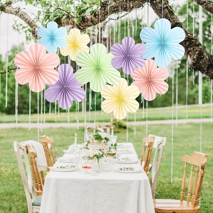 SUNBEAUTY 9 PCS Pastel Paper Flowers Decorations for Wall Paper Fans Classroom Decoration Paper Floral Backdrop Decor Paper Fans Decoration
