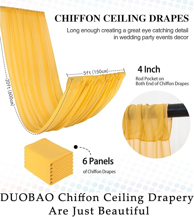 DUOBAO Chiffon Ceiling Drapes 20FT 6 Panels Gold Sheer Wedding Backdrop Curtains for Indoor Events Banquet Hall Tent Drapery Soft Draping Fabric for Arches Christmas and Photography