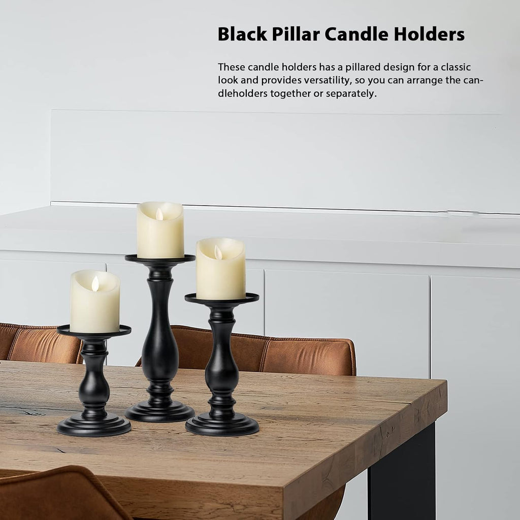 Matte Black Pillar Candle Holders Set of 3, 6/8/10 Inch Metal Stands for 3 or 4 Inch Pillars, Fireplace Mantel Table Centerpiece, Rustic Farmhouse Wedding Decor