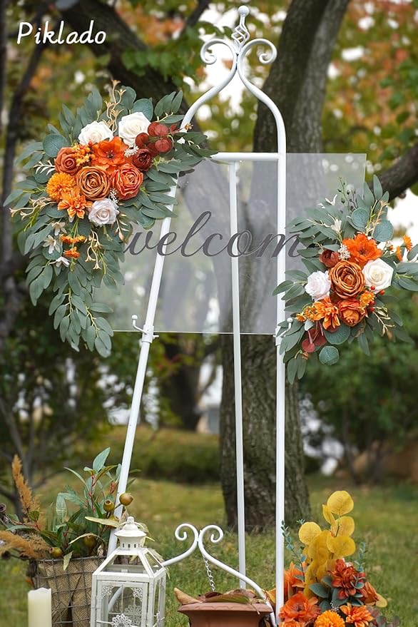 Faux Flower Swag Set of 2 for Wedding Welcome Signs Floral Swag Wedding Reception Ceremony Signs Decor (Orange)
