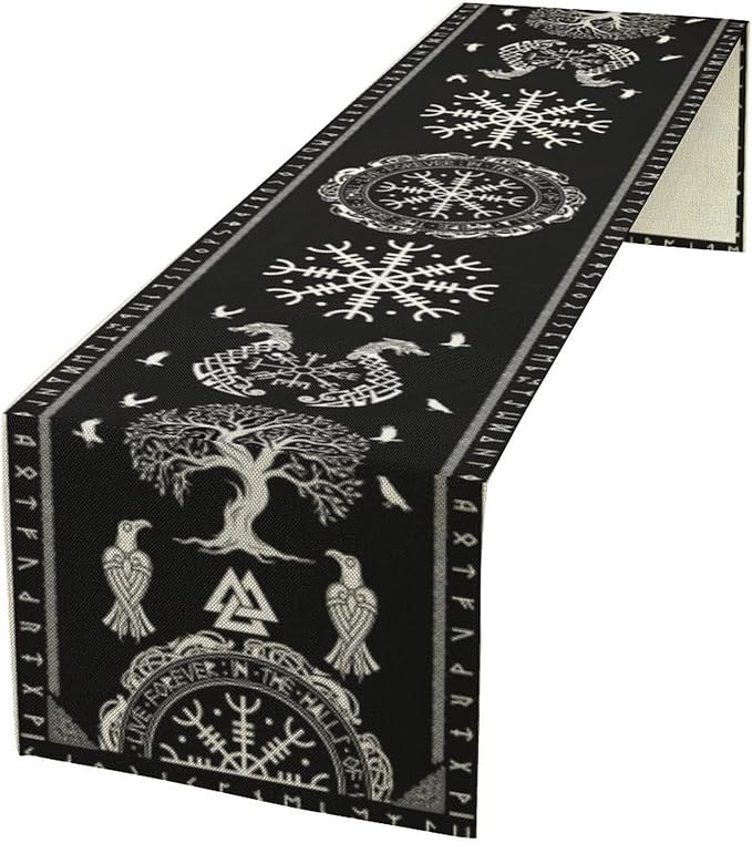 Ancient Abstract Pattern Table Runner, Tree of Life Eagle Dragon Boat Rudder Black and White Table Runner 13x108 Inch