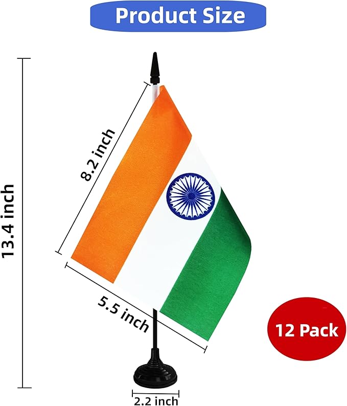 India Desk Flag, 12 Pack Indian Table Office Flag with Black Solid Pole and Stand Base, International Country Flag, Festival Celebration, Classroom Meeting Desktop Decor (India)
