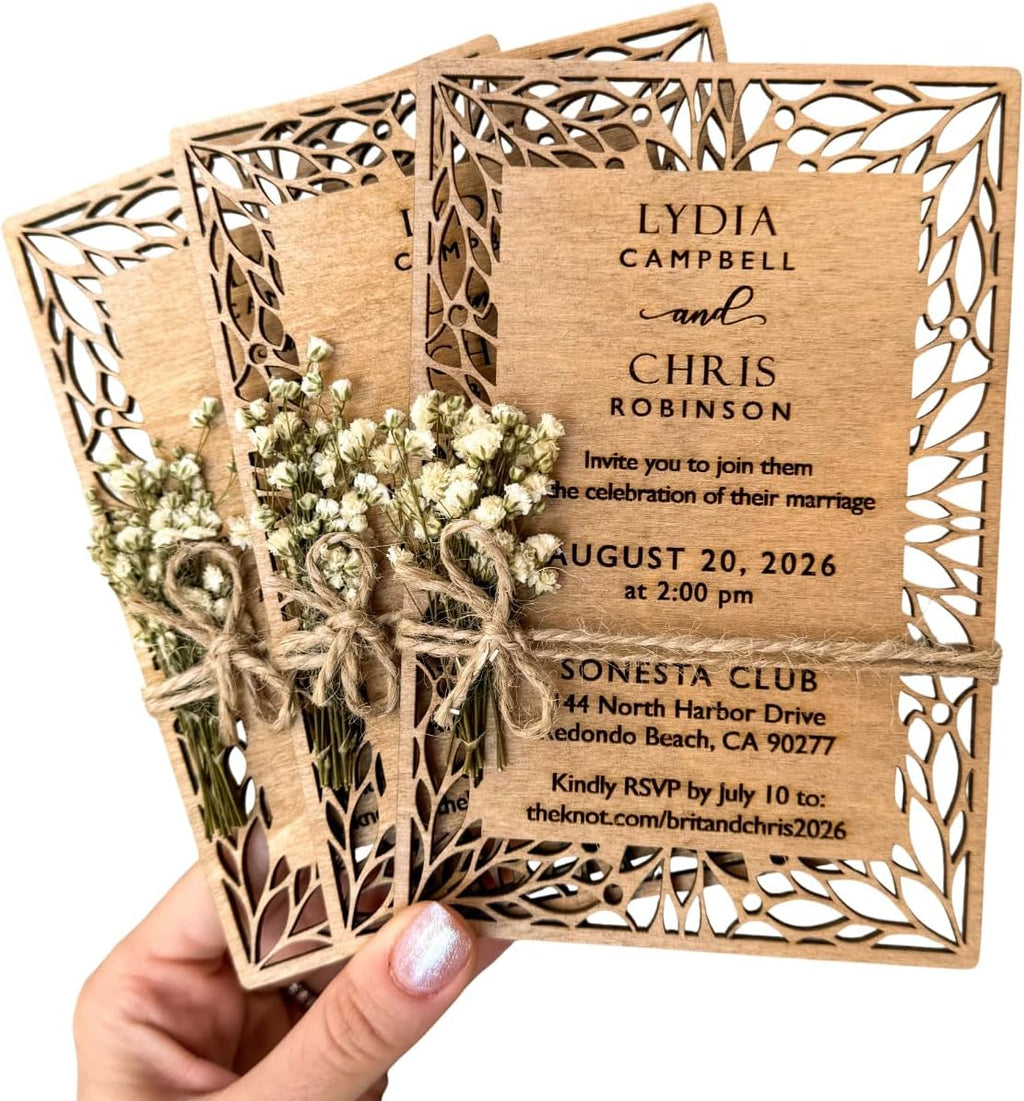 Pack of Floral Personalized Wedding Invitations - Laser Cut Wedding Invitation - Flower Twined Wooden Invitations with Envelopes & Stickers