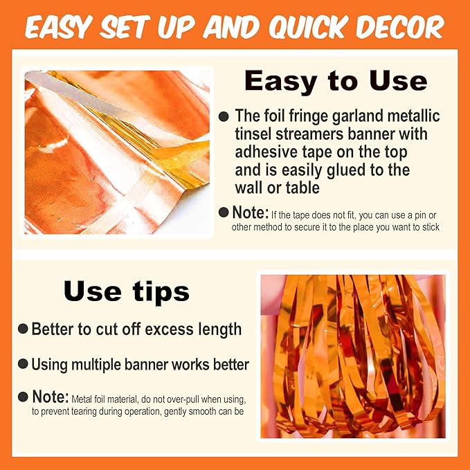 4 Pack 10 Ft Orange Foil Fringe Garland Metallic Streamers Tinsel Banner Wall Hanging Garland Backdrop for Parade Floats, Halloween, Christmas, Thanksgiving, New Year Party Decorations