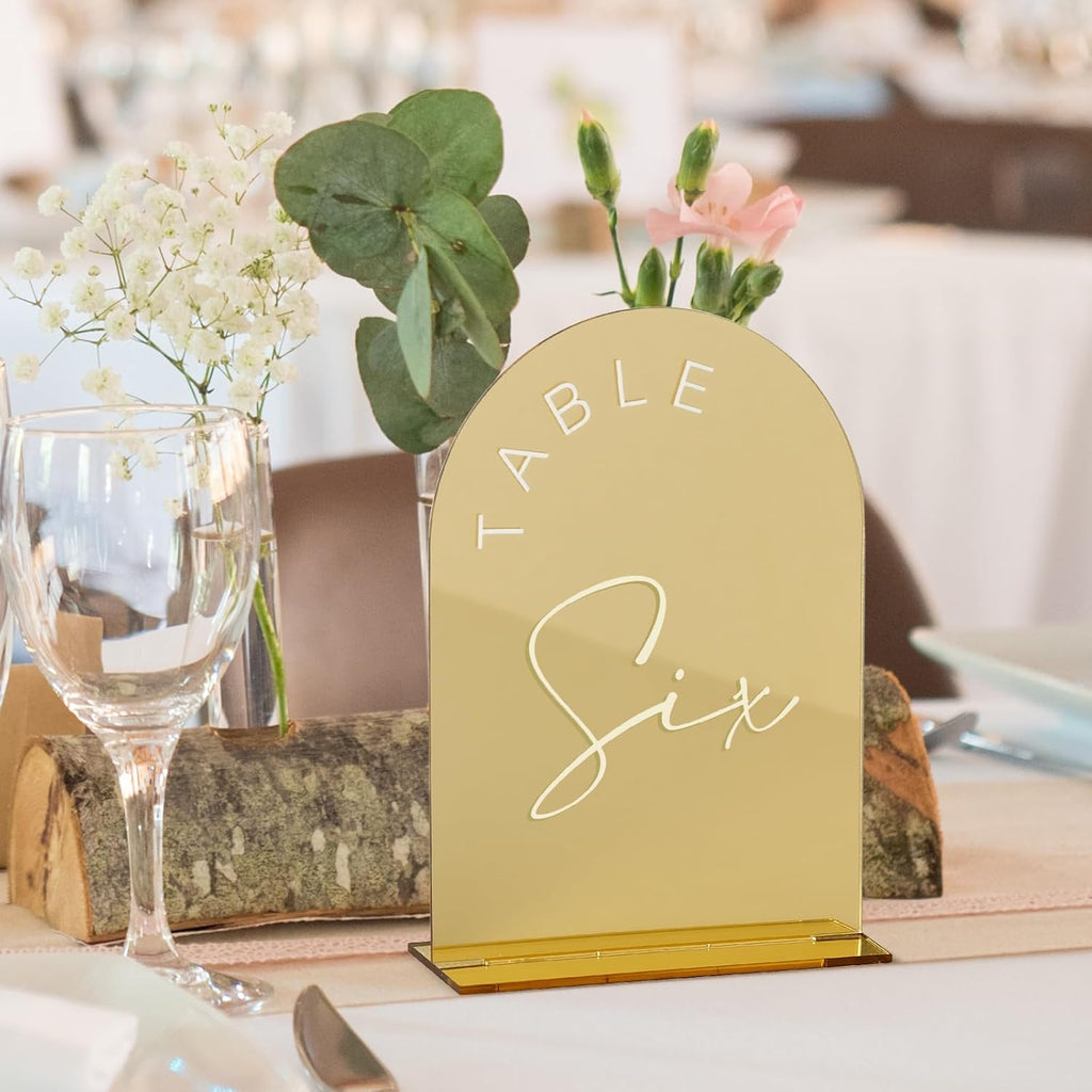 Gold Mirror Arched Wedding Table Numbers 1-10 with Stands, 5x7 Inch Acrylic Arch Sign with Holder, Gold Arch Acrylic Table Numbers for Wedding Reception