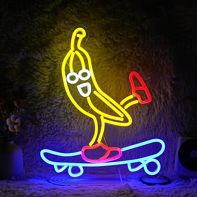 Skateboard Banana Neon Sign Cool Slide Banana LED Neon Light Dimmable Banana Light Up Sign for Shop Bedroom Party Bar Art Wall Decoration(16.3"*13")