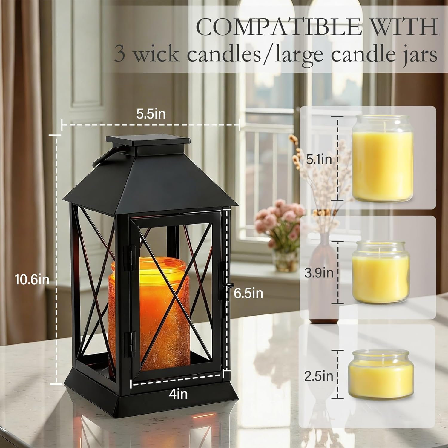 Candle Warmer Lamp with Timer Dimmable,Compatible with 3 Wick Candle/Large Candle,Vintage Lamp Candle Warmer Lantern Farmhouse Style,Fully Enclosed Designed and Hanging Up-Black