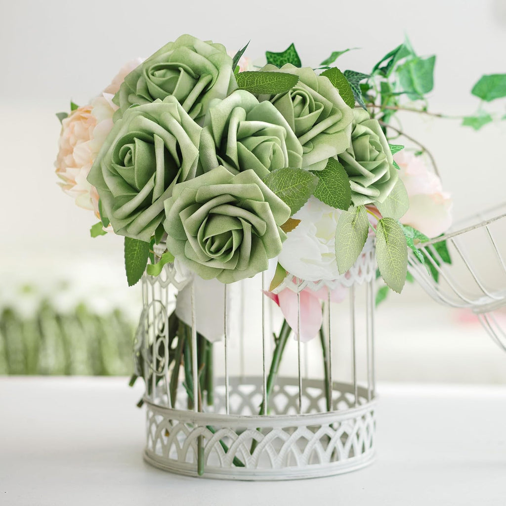 mocoosy 50pcs rose artificial flowers, sage green fake, side view