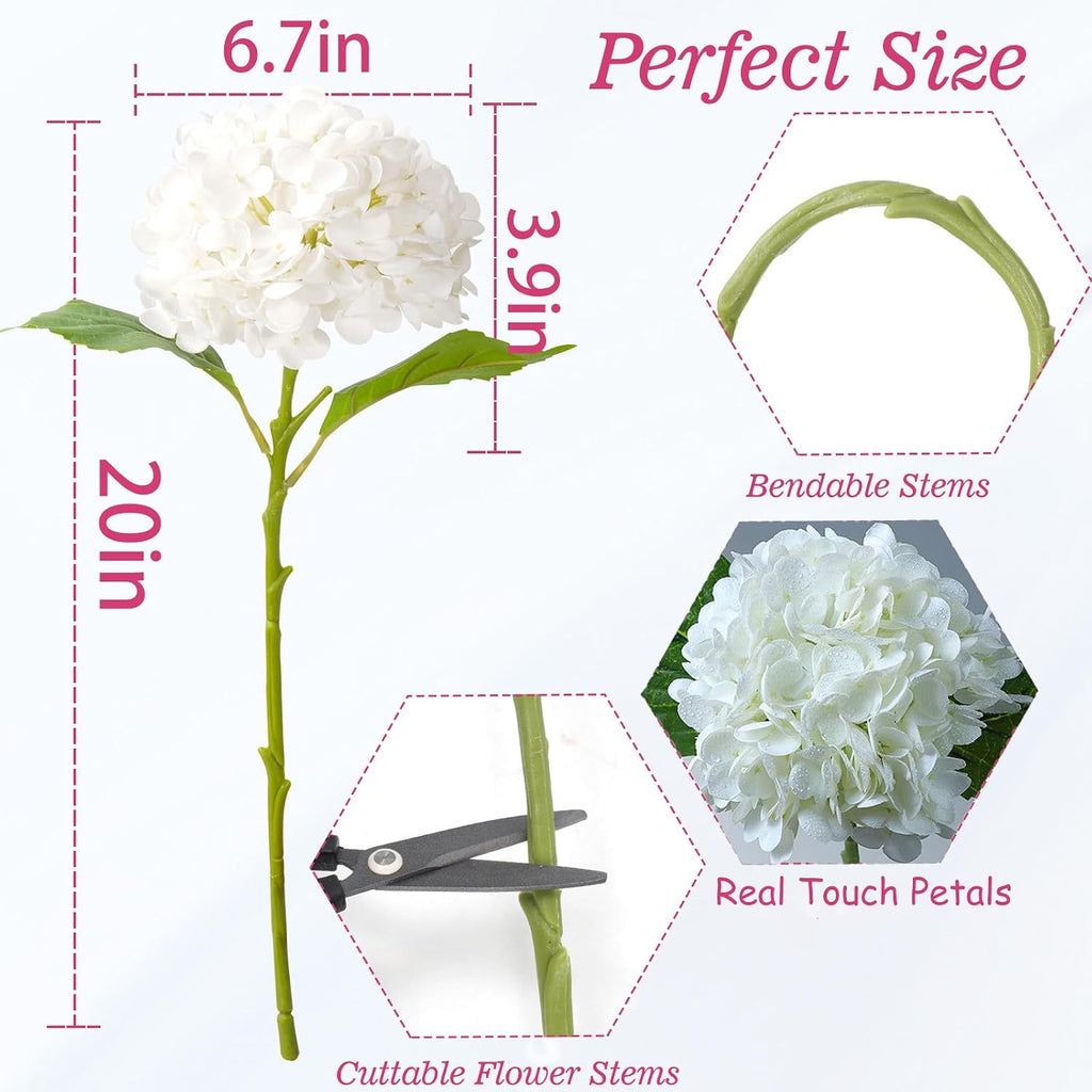 20" 4Pcs White Faux Hydrangea Flowers Real Touch Fake Hydrangeas Bouquet Hydrangea Artificial Flowers with Leaves Stems for Centerpiece Arrangements Wedding Party Home Décor