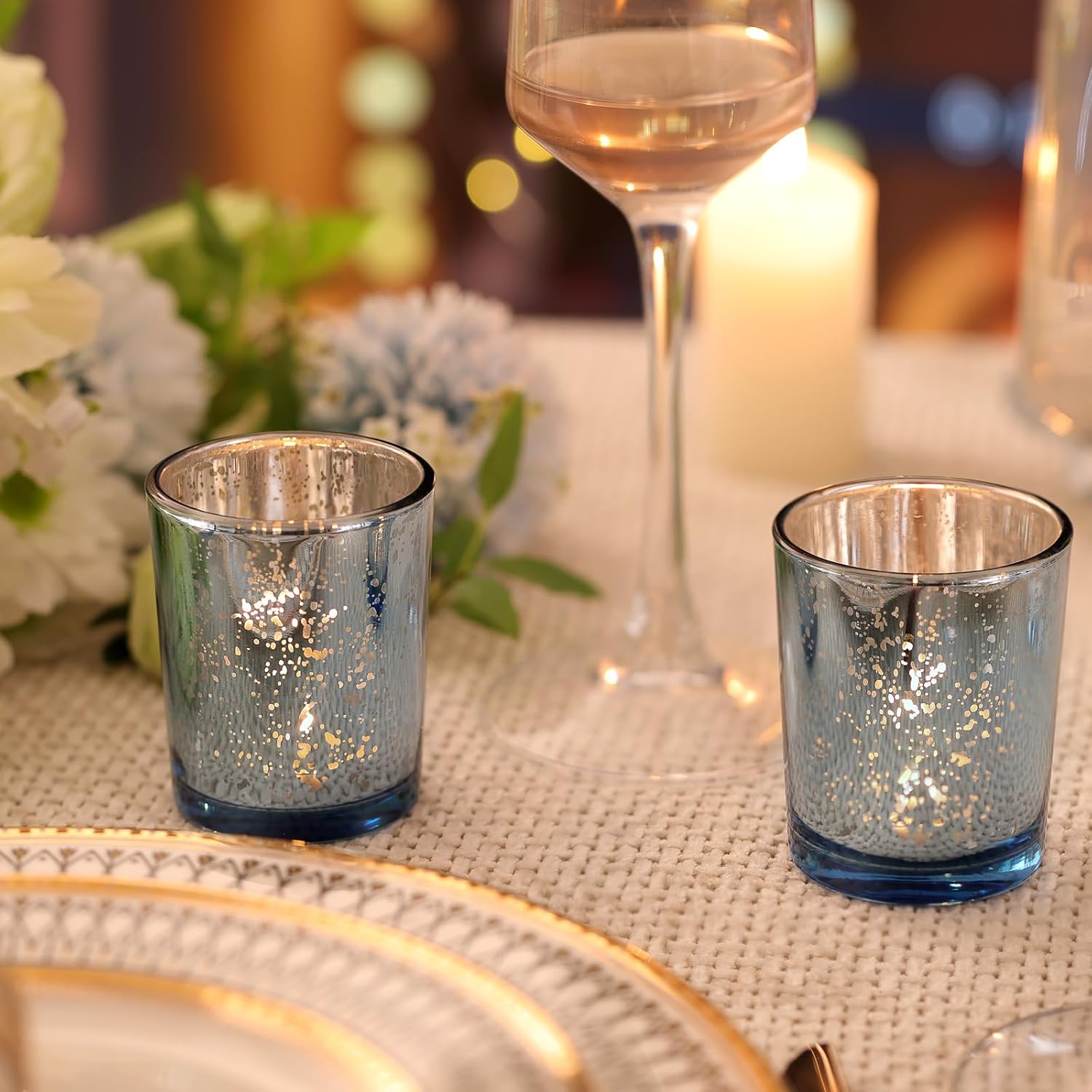 Volens Blue Party Decorations 72pcs, Mercury Glass Blue Votive Candle Holders Bulk for Wedding Table Centerpieces, Bridal and Baby Shower Decor