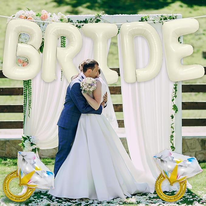 40 Inch Beige BRIDE Balloons Luxury Wedding Decor for Bridal Shower, Larger Cream White "BRIDE" Foil Letter with 2 Giant Diamond Ring Balloons, Bachelorette Engagement Wedding Party Favors