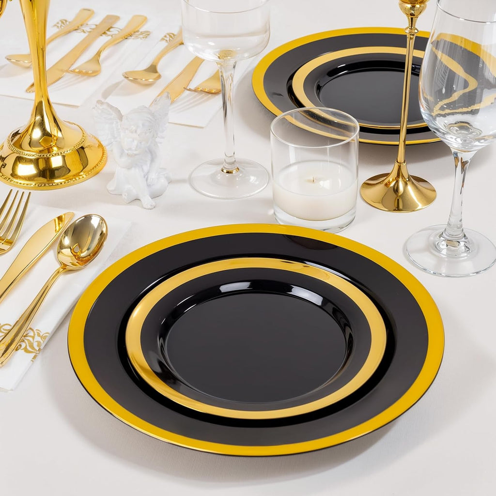 supernal 120-pack black and gold plastic plates, 60, front angle view