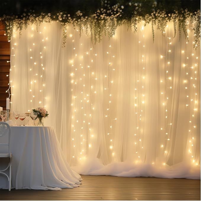 20×10ft Cream White Tulle Backdrop Curtain with Lights String for Parites, Sheer Curtain Backdrop Drapes for Wedding Party Home Decorations