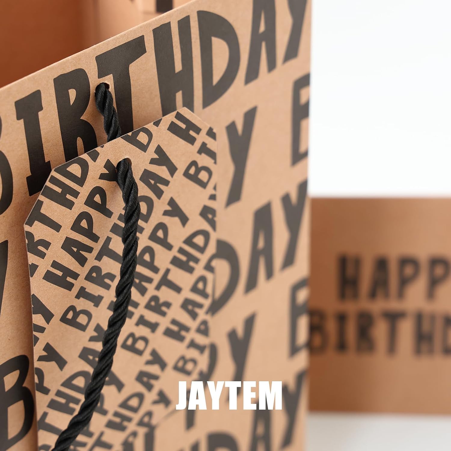 JAYTEM Birthday Gift Bag, Kraft Paper Large Gift Bag, Classic Black Lettering Design Happy Birthday Bag Set with Greeting Card, Tag, Envelope & Tissue Paper for Men, Boys, Kid
