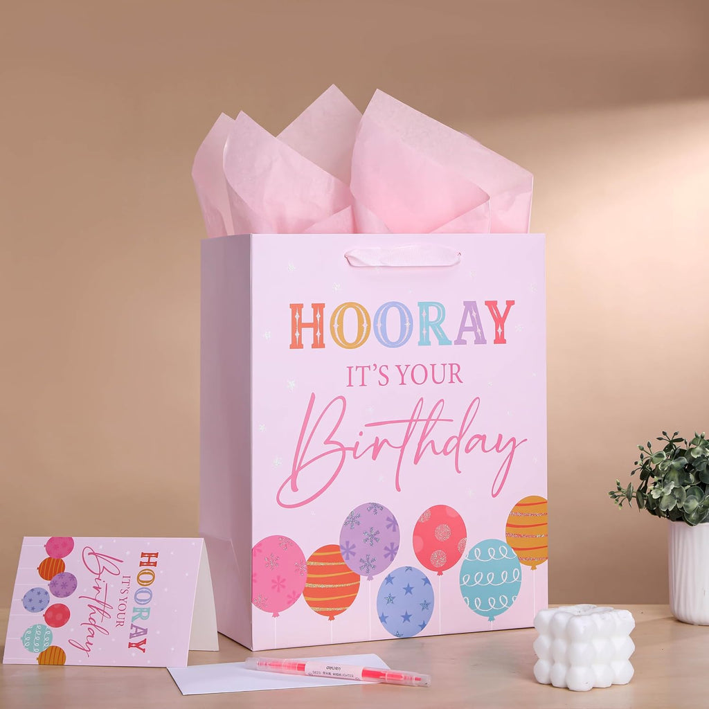 SUNCOLOR Large Birthday Gift Bag Set, Pink Balloon Theme, 13x10.2x6 Inch with Tissue Paper, Greeting Card, Envelope for Women and Girls Party Presents