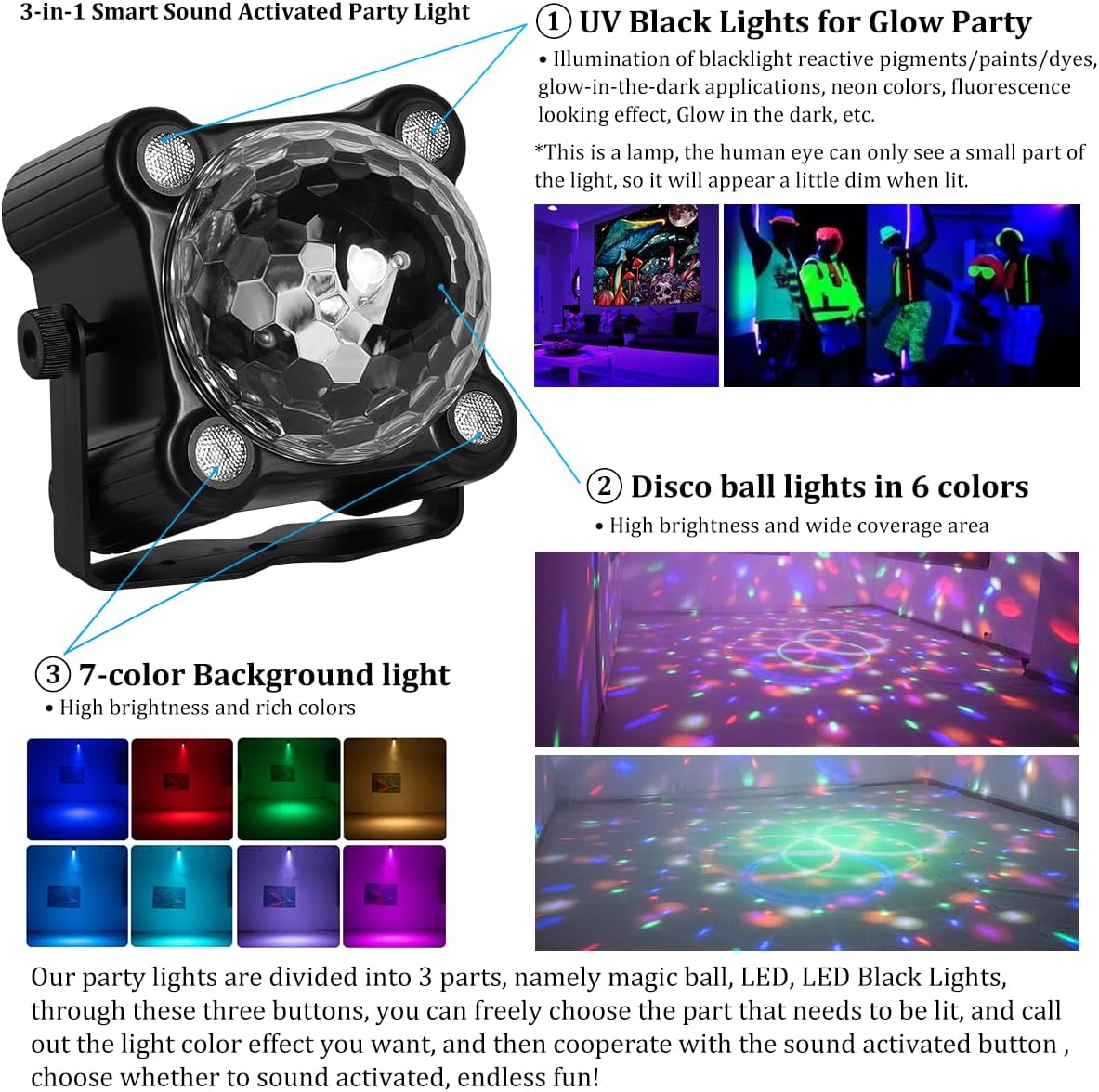 Laucnpty Disco Ball Party Lights Sound Activated Strobe DJ Stage Lighting for...