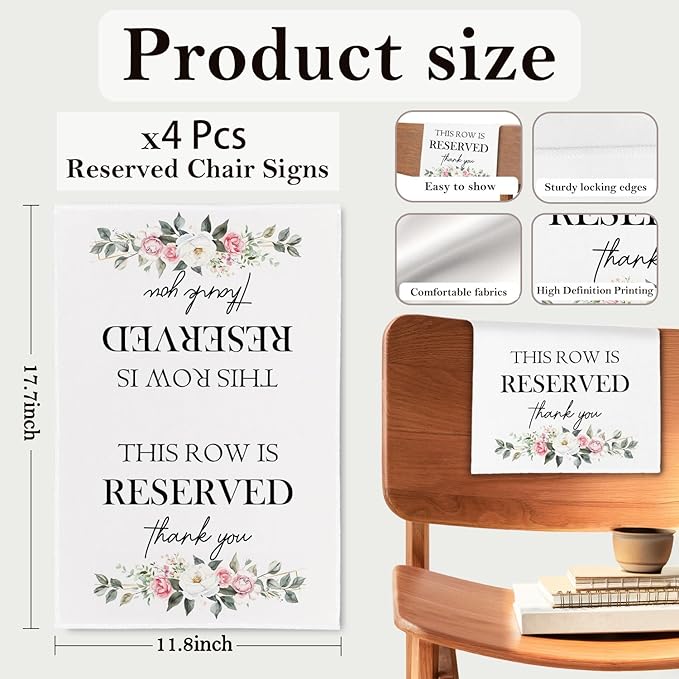 Reserved Seating Chair Signs, This Row Is Reserved Pew Cloths Seating Placeholder for Church Pews, Wedding Decorations for Reception Parties Celebrations Event Meetings (Pink Floral, 4 PCS)