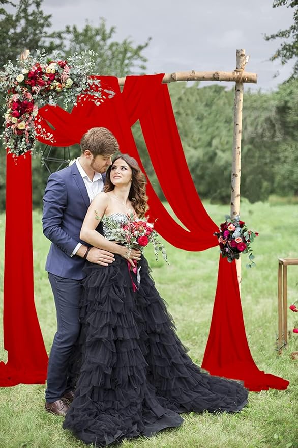 2 Panles Red Chiffon Ceiling Drapes 20Ft Wedding Arch Draping Fabric Red Sheer Chiffon Fabric Drapery Outdoor Arbor Party Ceremony Stage Wedding Decoration