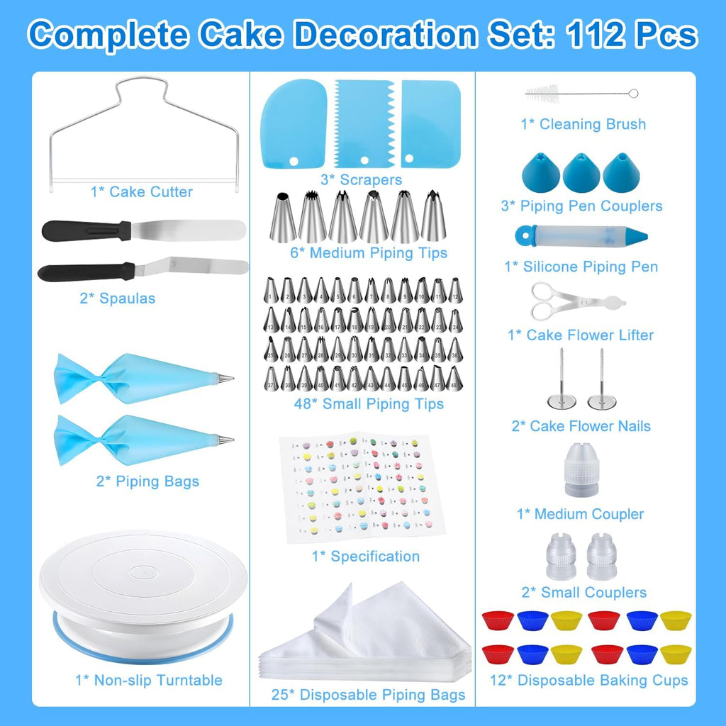 112Pcs Cake Decorating Supplies Kit, Included Cake Turntable, Cake Leveler, 54 Numbered Icing Piping Tips, 2 Spatulas, 3 Scraper, 30+2 Piping Bags, Mother's Day Gift Ideas