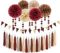 Boho Baby-Shower Burgundy-Brown Champagne Party-Decorations - 28pcs Neutral Birthday Rustic Wedding Bridal Tissue Pom Poms Streamers, Fall Autumn Tassel Garland Banner, Engagement Decor Ouruola