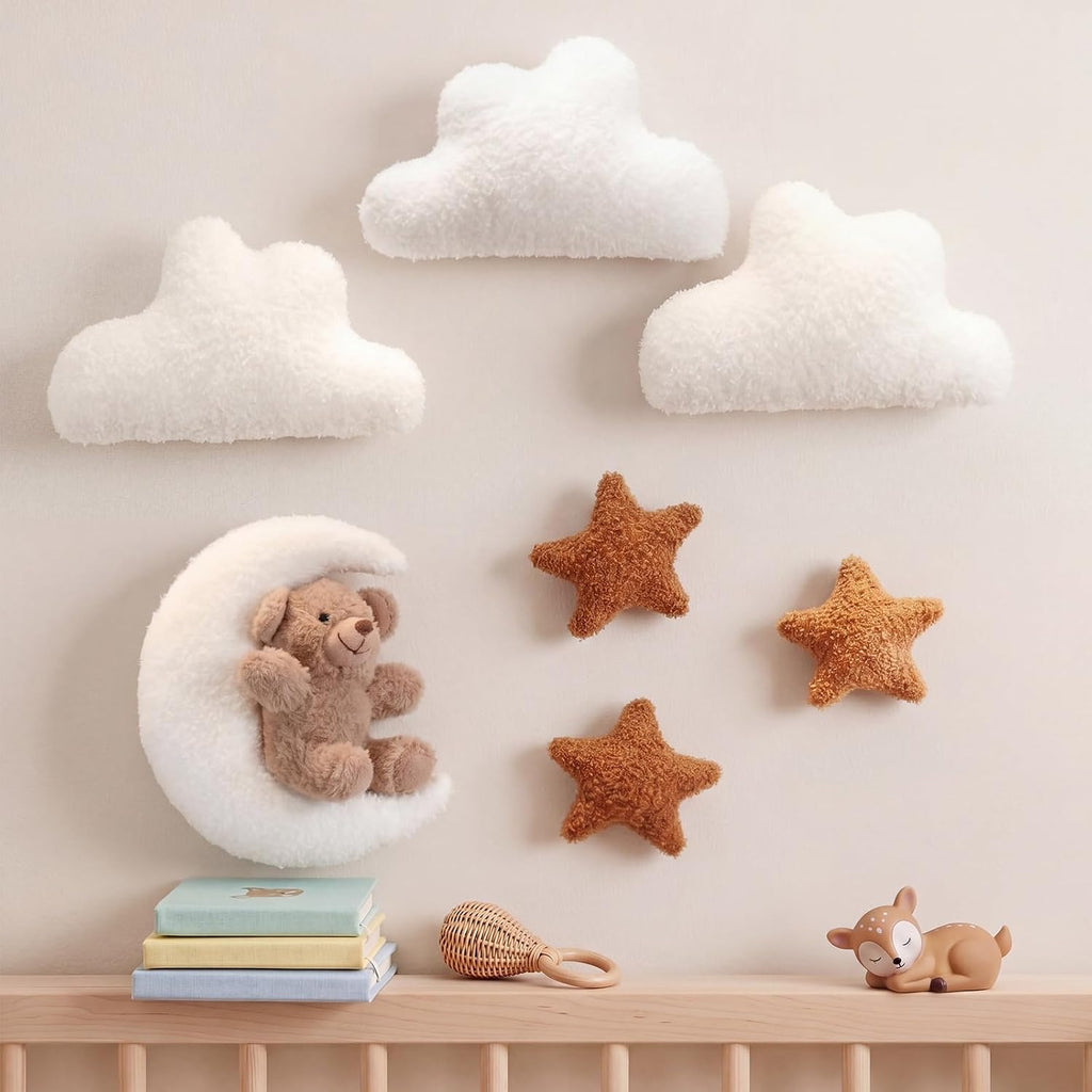 Chumia 7 Pcs Teddy Bear Nursery Wall Decor Boho Nursery Wall Art with Clouds Moon Star Soft Baby Room Decor Gender Neutral for Bedroom Decoration