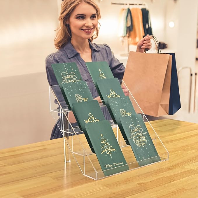 PecMuikee Greeting Card Display, 4 Tiers Clear Acrylic Sticker Display Stand for Vendors Retail, Display Photo Stand for Counter Tabletop Display Supplies, 2 Sets