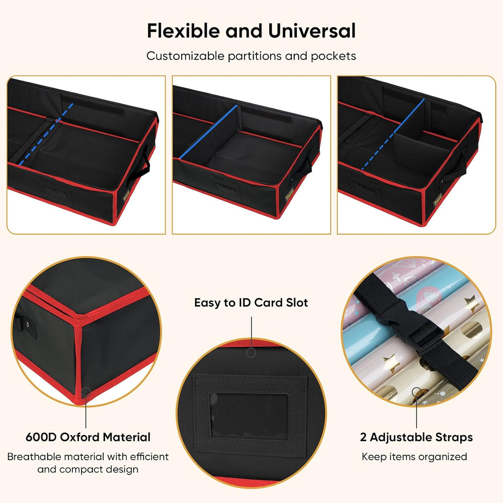 BALEINE Wrapping Paper Storage Organizer, 40" Durable 600D Oxford Fabric Gift Wrap Storage Bag with Flexible Partitions for Ribbon, Holiday Accessories (Black/Red)