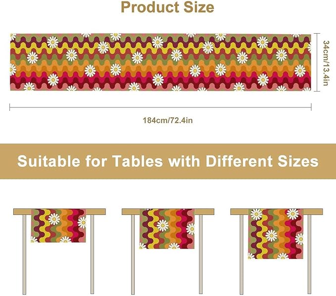 Vintage Floral Table Runner,60s 70s Colorful Retro Abstract Hippie Print Table Runner for Kitchen Dining Table Home Party Decoration 13x90 Inch