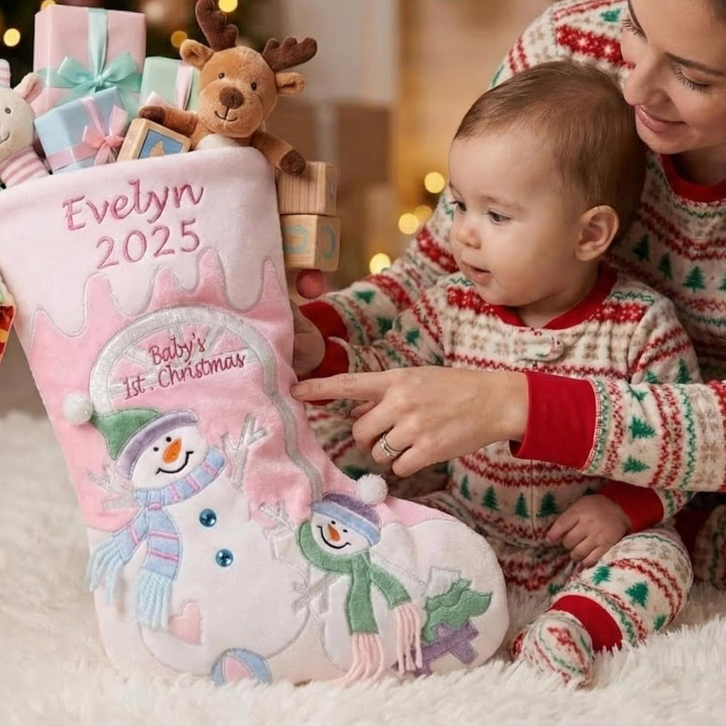 Baby's 1st Christmas Stocking with Large 20" Pink Snowman Velvet Personalized Stockings for First Christmas