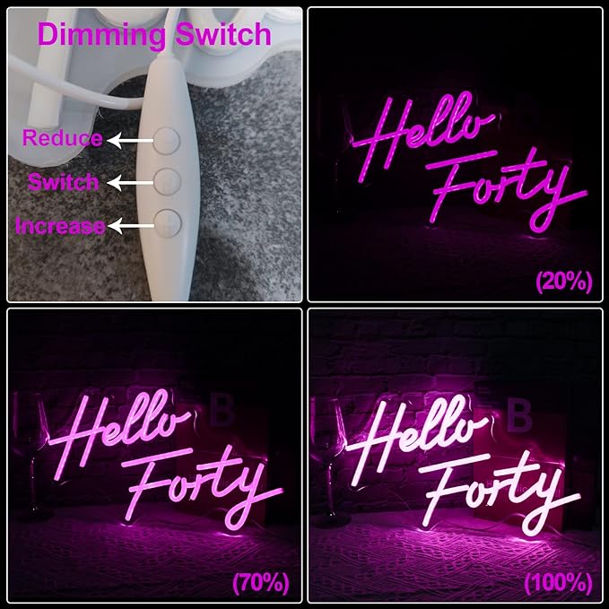 Hello Forty Neon Sign 40th Birthday Dimmable Neon Sign Pink Letters Neon Lights For Bedroom Decor USB Hanging Sign For Home Apartment Office Beauty Salon Decor