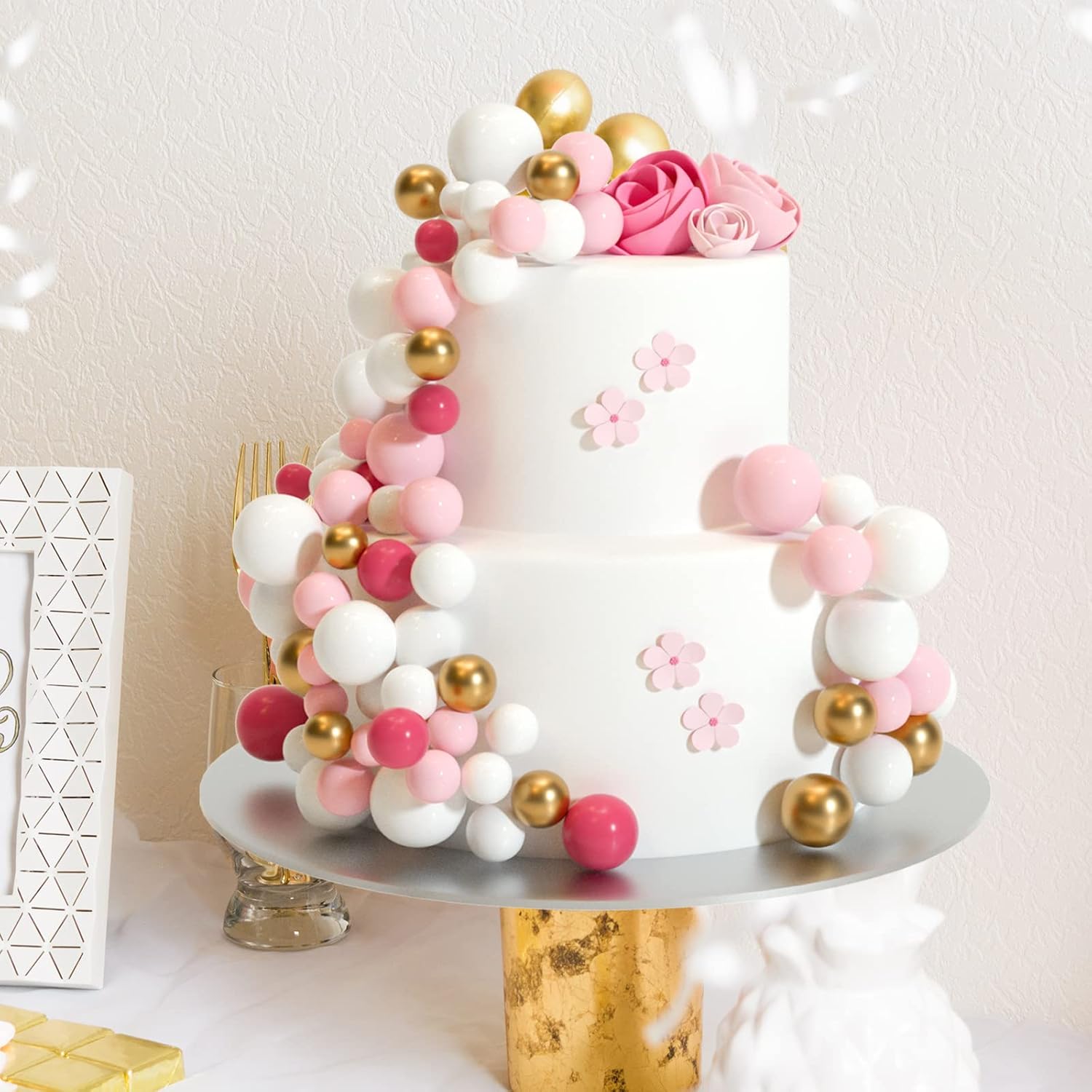 ASTARON 32 Pcs Ball Cake Topper Decorations Mini Balloons Cake Topper Sticks Foam Balls Cake Picks Cake Topper Balls Cake Decorations for Wedding Party Birthday Cake Decorating (Pink Gold)