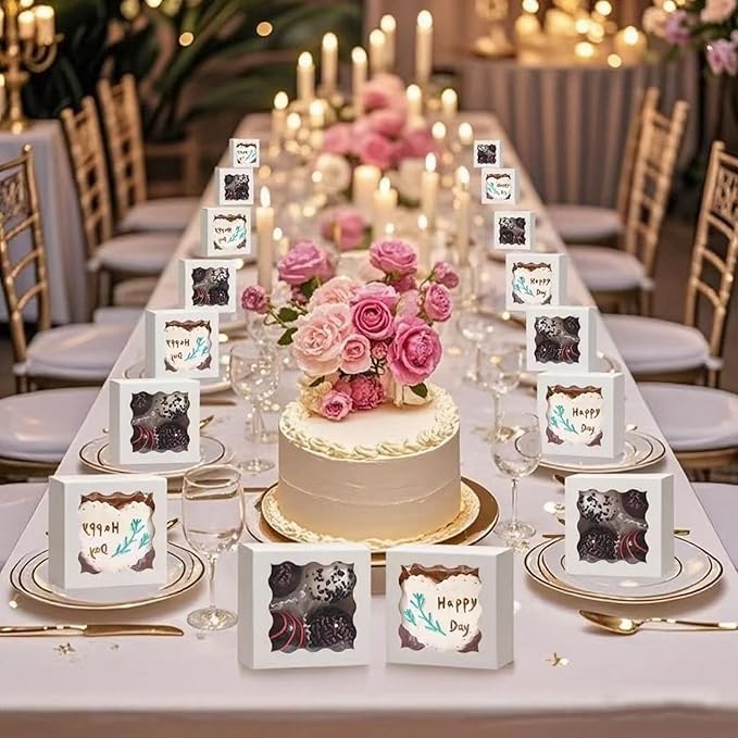 RomanticBaking 3 ¼" x 3 ¼" x 1 ½" 50PCS Chocolate Truffle Boxes for 4，Cookies Boxes Mini Bakery Boxes with Window for Brownie,Soap,Donut