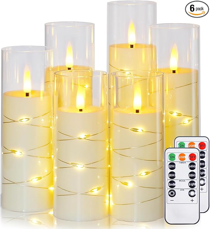 Ivory Flameless Candles with Remote and String Light, 2.2"x 5",5",6",7",7",8" LED Battery Operated Plastic Flickering Timer Pillar Candles(Pack of 6,Turn On/Off String Light Mode)