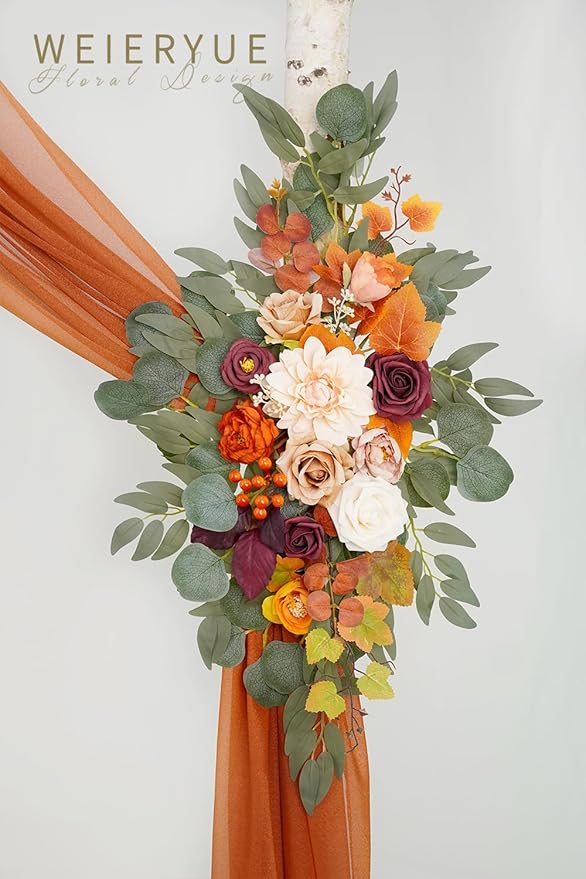 Artificial Wedding Arch Flowers Kit(Pack of 3),2Pcs Artificial Flower Arch Decor,1Pcs Sheer Drape for Wedding Ceremony Arbor for WeddingCeremony (Sunset Orange)