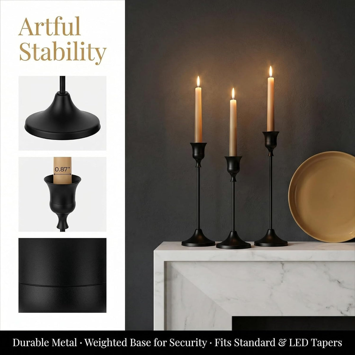 4 Sets(12 Pcs) Black Tapered Candle Holder,Candlestick Tall Metal Candlestick...
