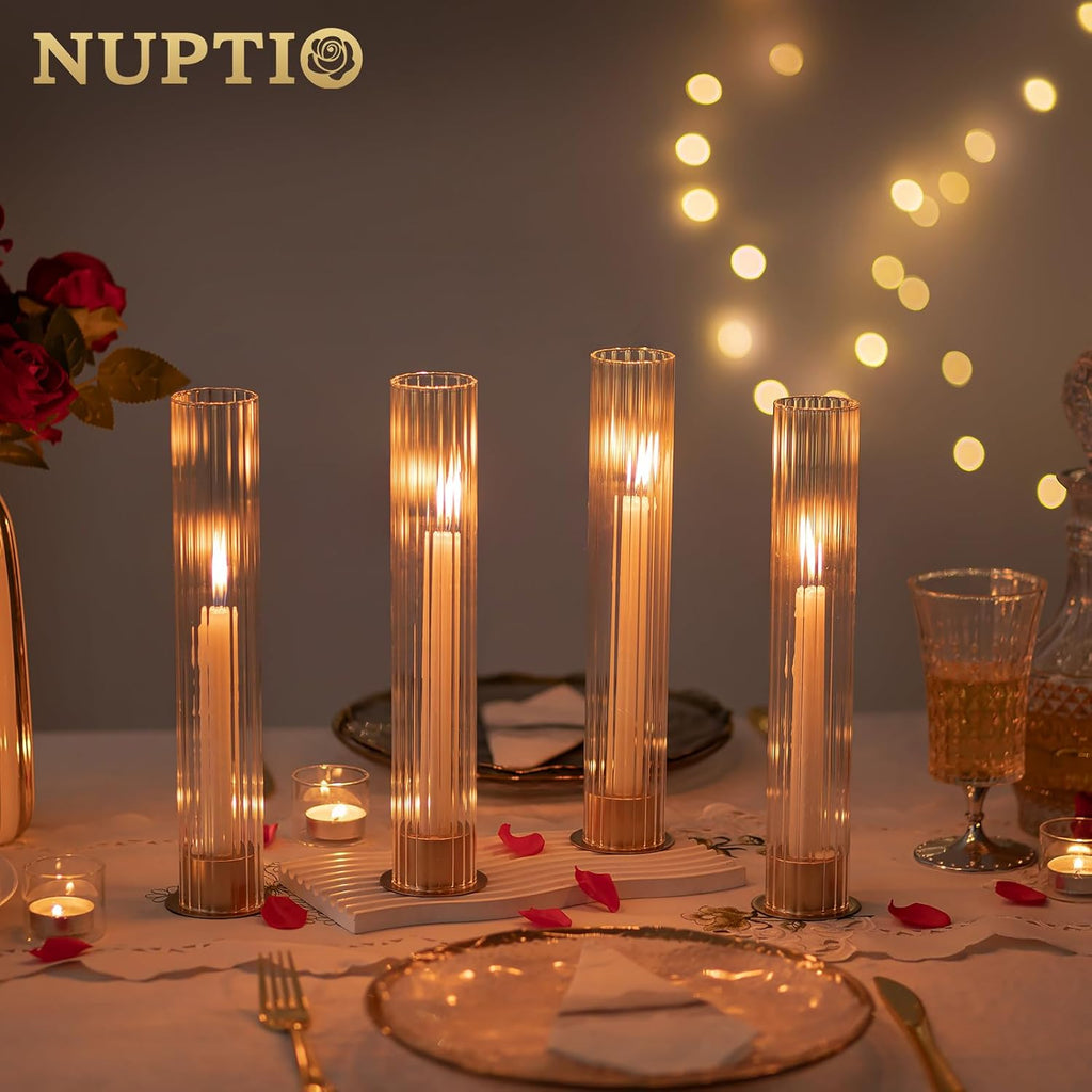 NUPTIO Hurricane Glass Candle Holders: Set of 18 Gold Taper Holders Bulk with Fluted Sleeves - Brass Candlestick Holders for Table Centerpiece Decoration