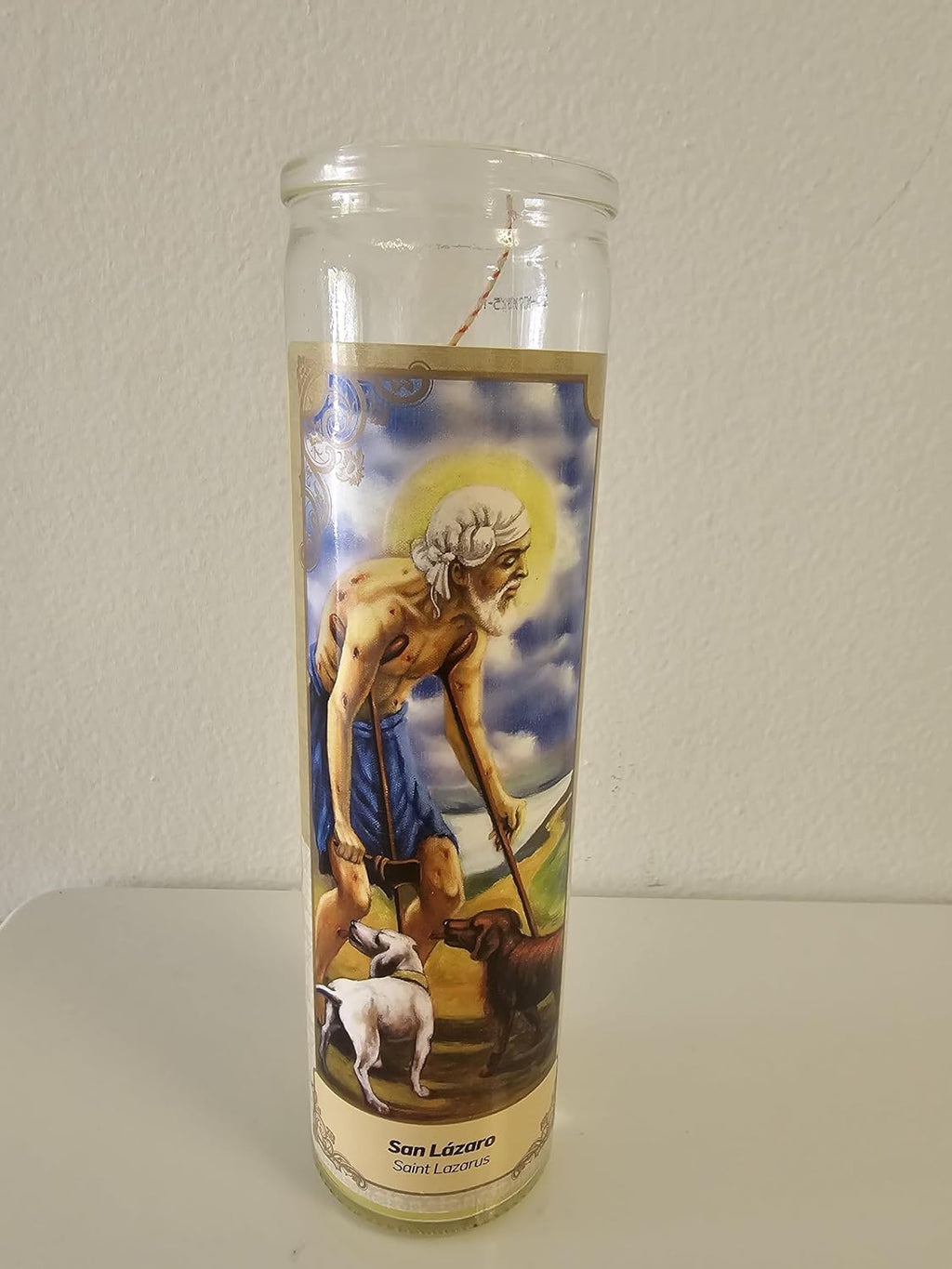 Saint Lazarus 7-Day Glass Prayer Candle, 8 inch Religious Devotional Candle. (Pack of 1)