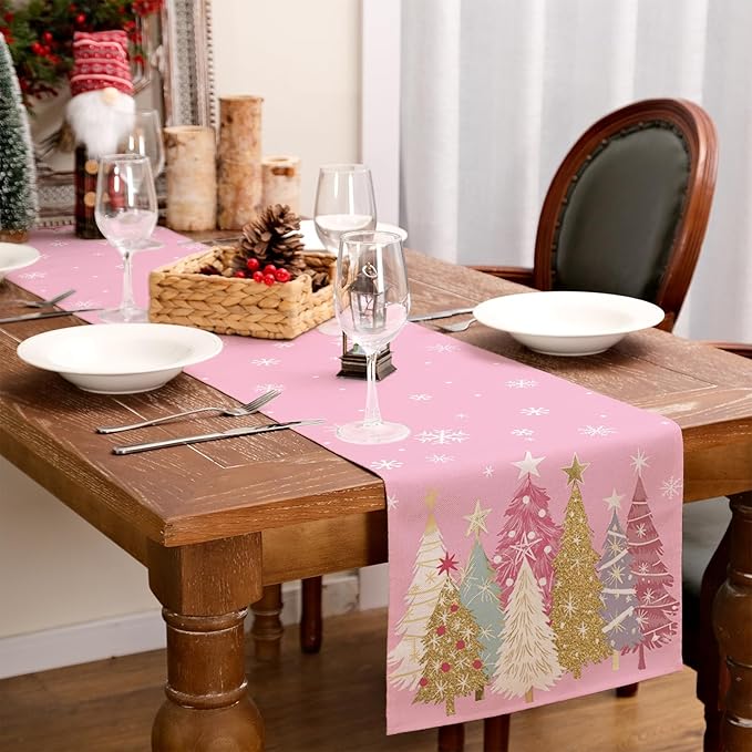GEEORY Christmas Table Runner 13x120 Inch, Xmas Trees Snowflakes Holiday Decorative Farmhouse Table Decoration for Kitchen Dinning, Indoor Outdoor Dinner Party Decor (Pink) GT153-120