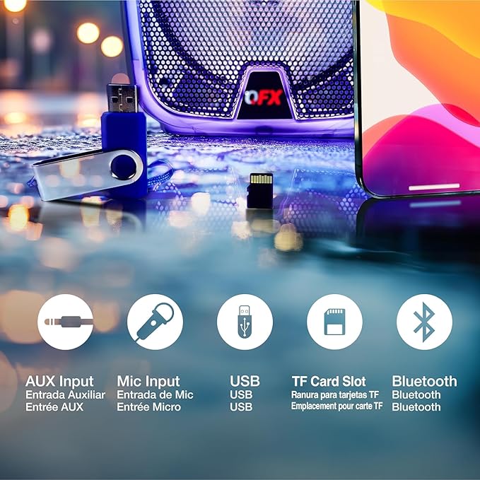 Crystal Clear Sound, Bright Party Lights, Portable & Easy to Use | 8" Rechargeable Bluetooth PA Karaoke Loud Party Speaker, 5-Hour Playtime | TWS, USB, TF, AUX, FM Radio | QFX | TMS-853