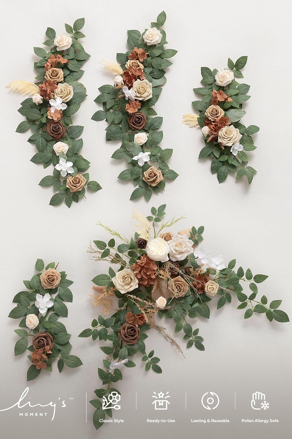 Ling's moment Flower Garland - 6FT Eucalyptus & Rose - Sweetheart Table Decor for Wedding Reception, Artificial Floral Garland for Mantle, Spring Garden Ceremony, Christmas Decoration, Beige Brown