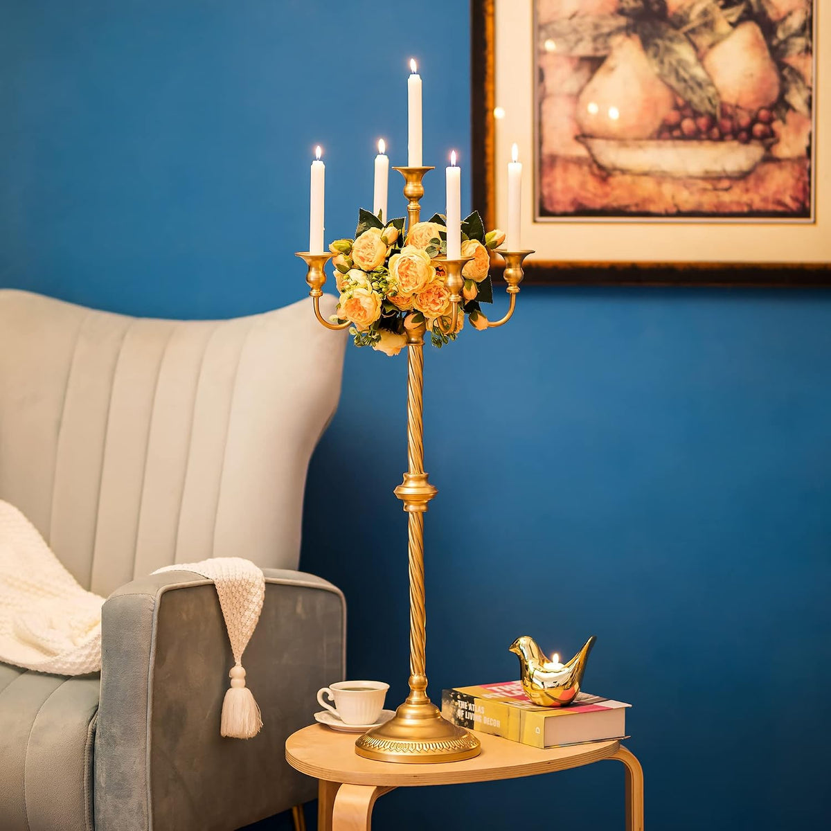 Sziqiqi Gold Floor Candelabra Candle Holder for Wedding, 5-Arm, 35in Tall