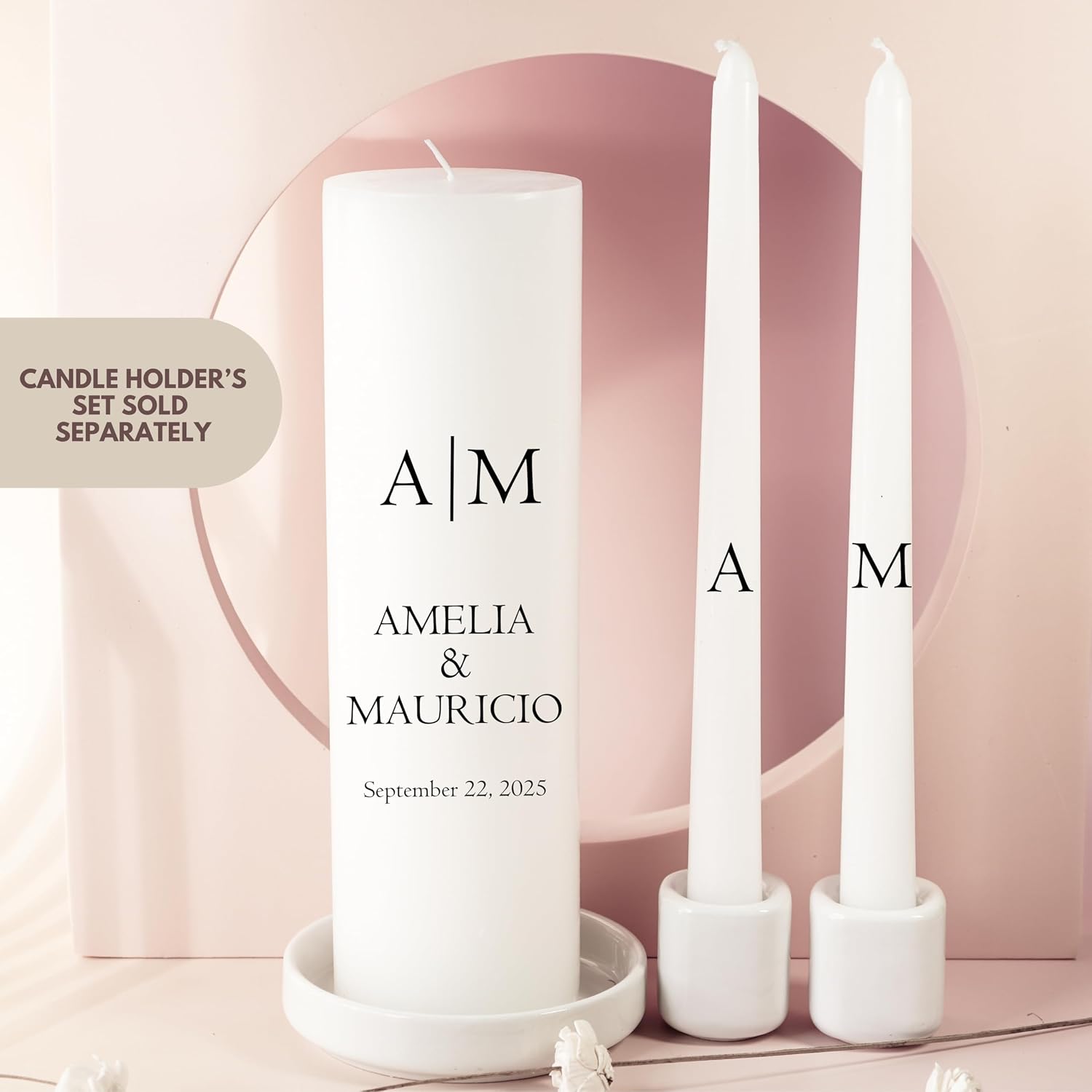 Unity Candles for Wedding, Modern Unity Set, Custom and Personalized Pillar and Taper Candles, Custom Date and Names. Unscented White Premium Wax, Religious and Wedding Ceremony, Special Events