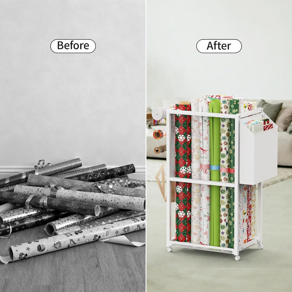 Wrapping Paper Organizer with Wheels, Metal Gift Wrap Storage Cart, Vertical Craft Organizer with 16 Slap Bands for Wrapping Paper Rolls, Wrapping Supplies Storage