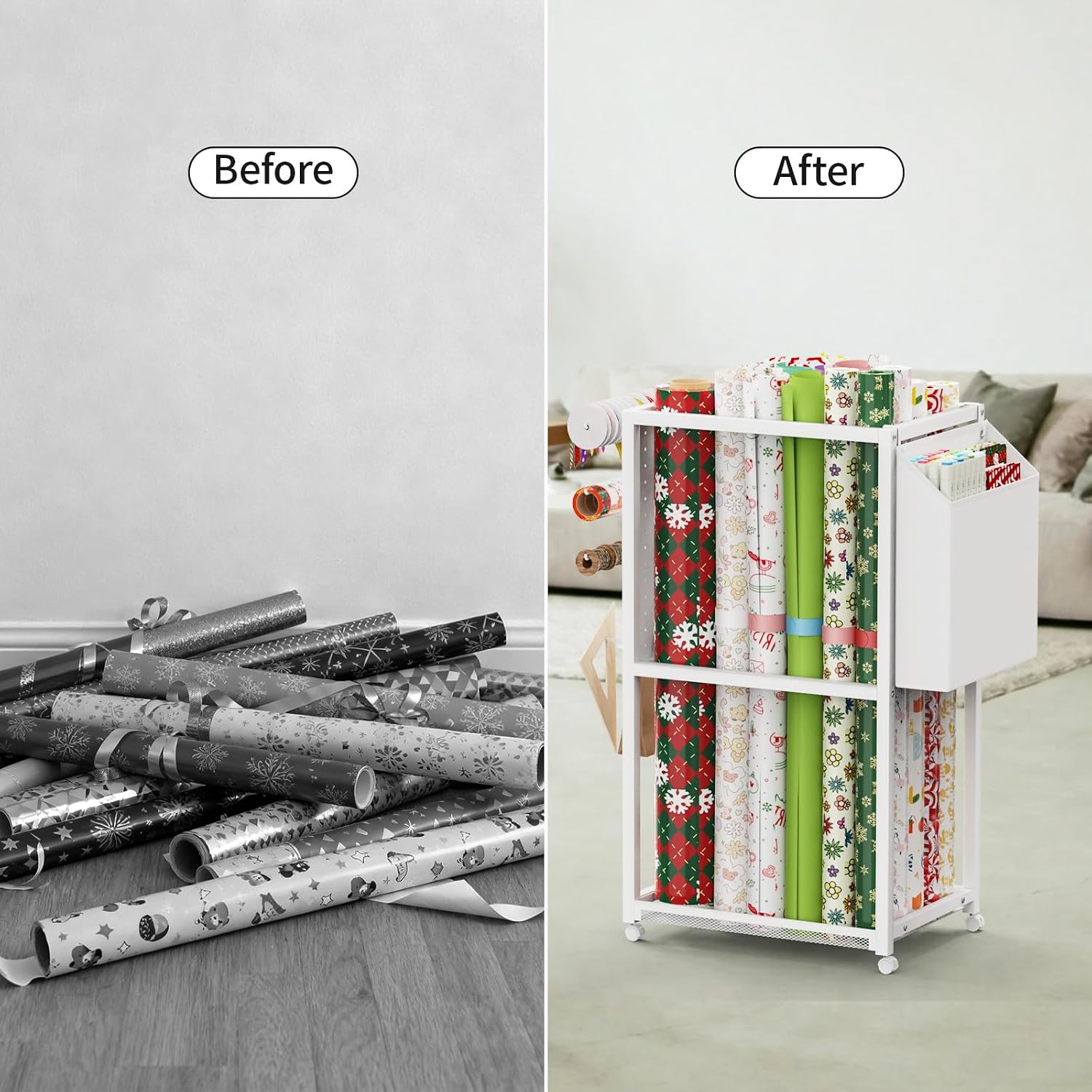 Wrapping Paper Organizer with Wheels, Metal Gift Wrap Storage Cart, Vertical Craft Organizer with 16 Slap Bands for Wrapping Paper Rolls, Wrapping Supplies Storage