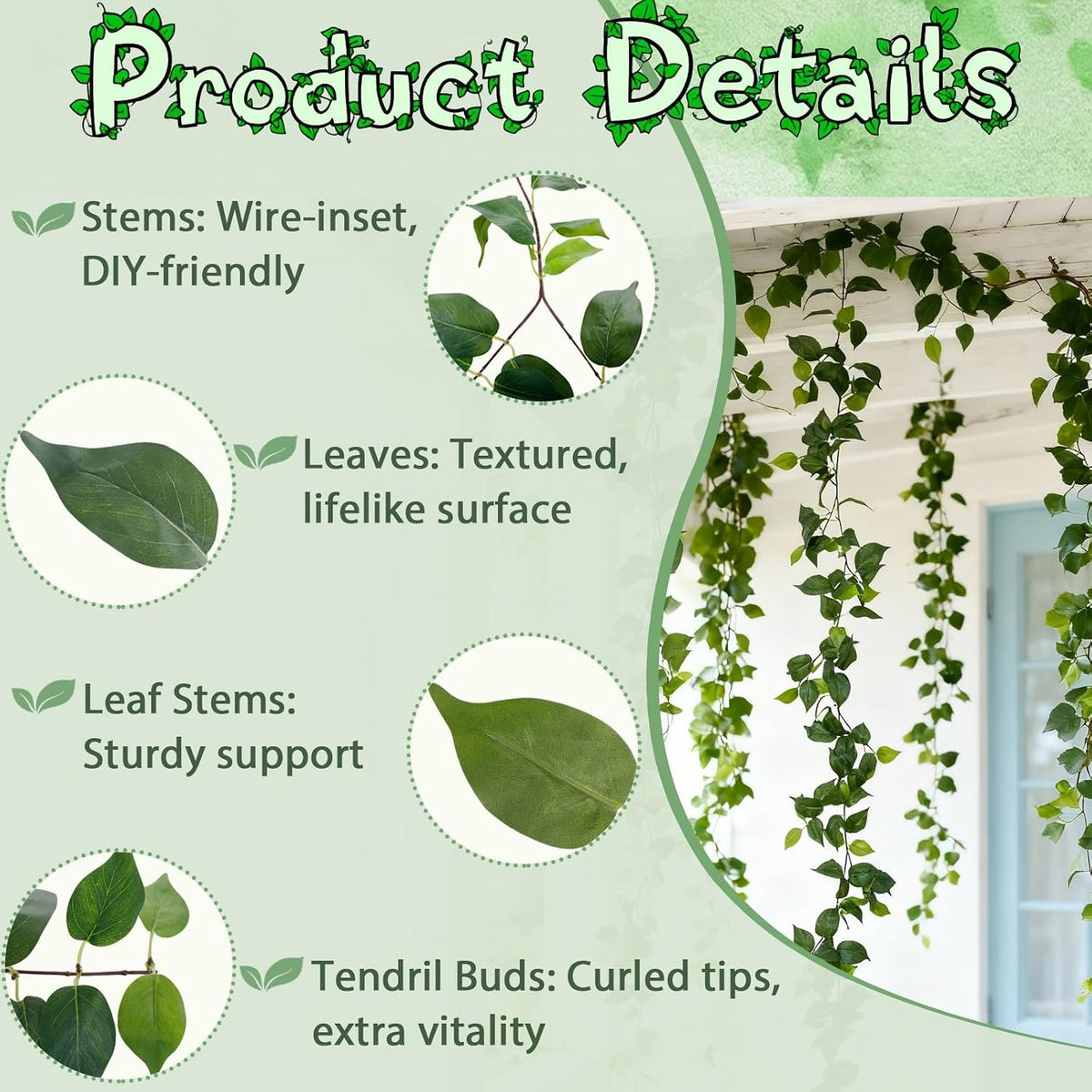 ucky 4pack total 24ft green fake vines ivy, close-up detail