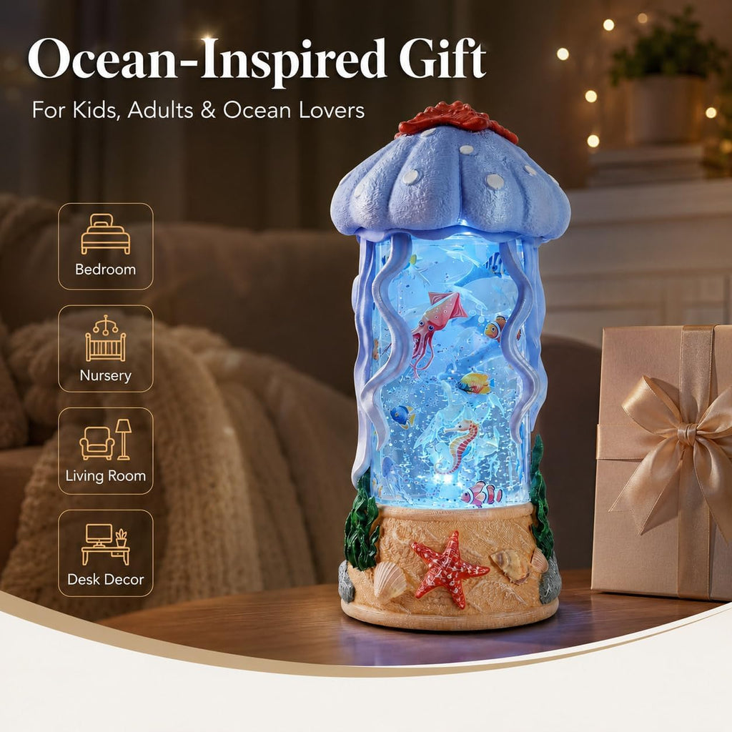 Jellyfish Night Light Water Snow Globe with Music and 2 Soothing Melodies, Rotating Ocean Scene Lamp with 6 Hours Timer, USB Powered or 3 AA Battery Operated Gift for Kids Adults Bedroom Nursery