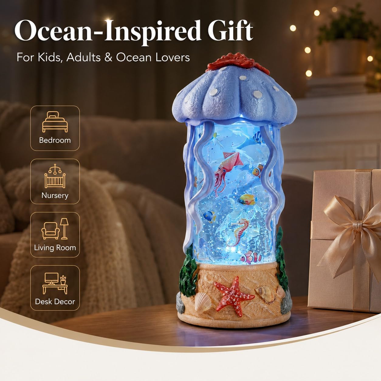 Jellyfish Night Light Water Snow Globe with Music and 2 Soothing Melodies, Rotating Ocean Scene Lamp with 6 Hours Timer, USB Powered or 3 AA Battery Operated Gift for Kids Adults Bedroom Nursery