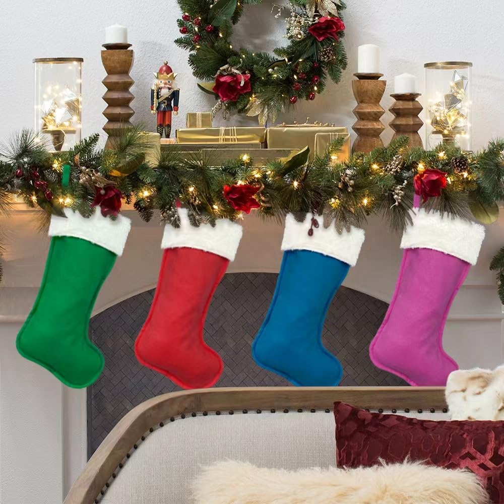 4Pack Christmas Stockings 20 Inch Large Family Christmas Stocking Decor Christmas Tree Fireplace Traditional Xmas Stocking with Super Soft Plush Cuff Décor Merry Ornaments